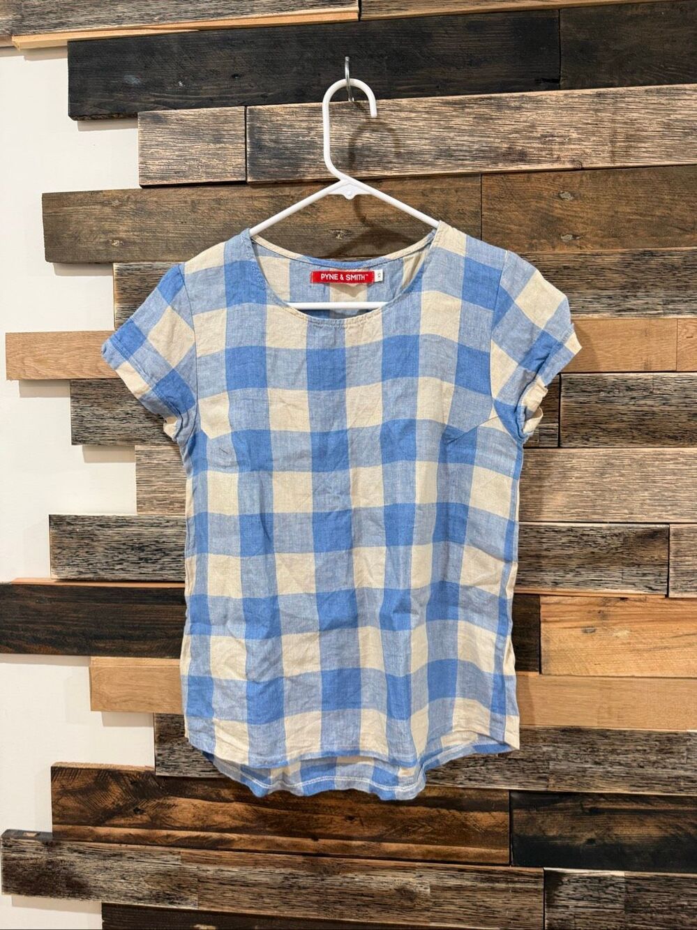 Pyne & Smith 100% Linen Gingham Short Sleeve top Blouse size XS
